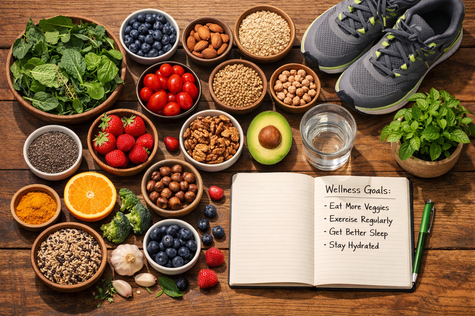 Detailed () top-down flat-lay photograph of a wooden table covered with colorful whole foods — leafy greens, berries, nuts,