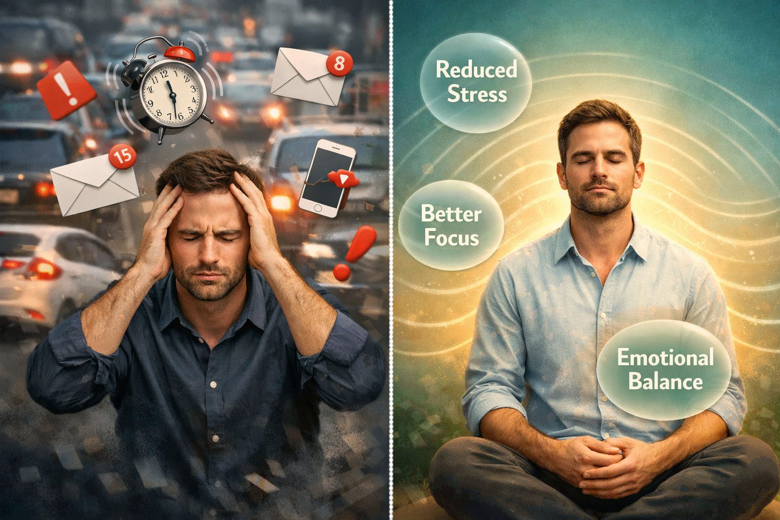 () editorial illustration showing a split-scene concept: on the left, a stressed person surrounded by chaotic floating icons
