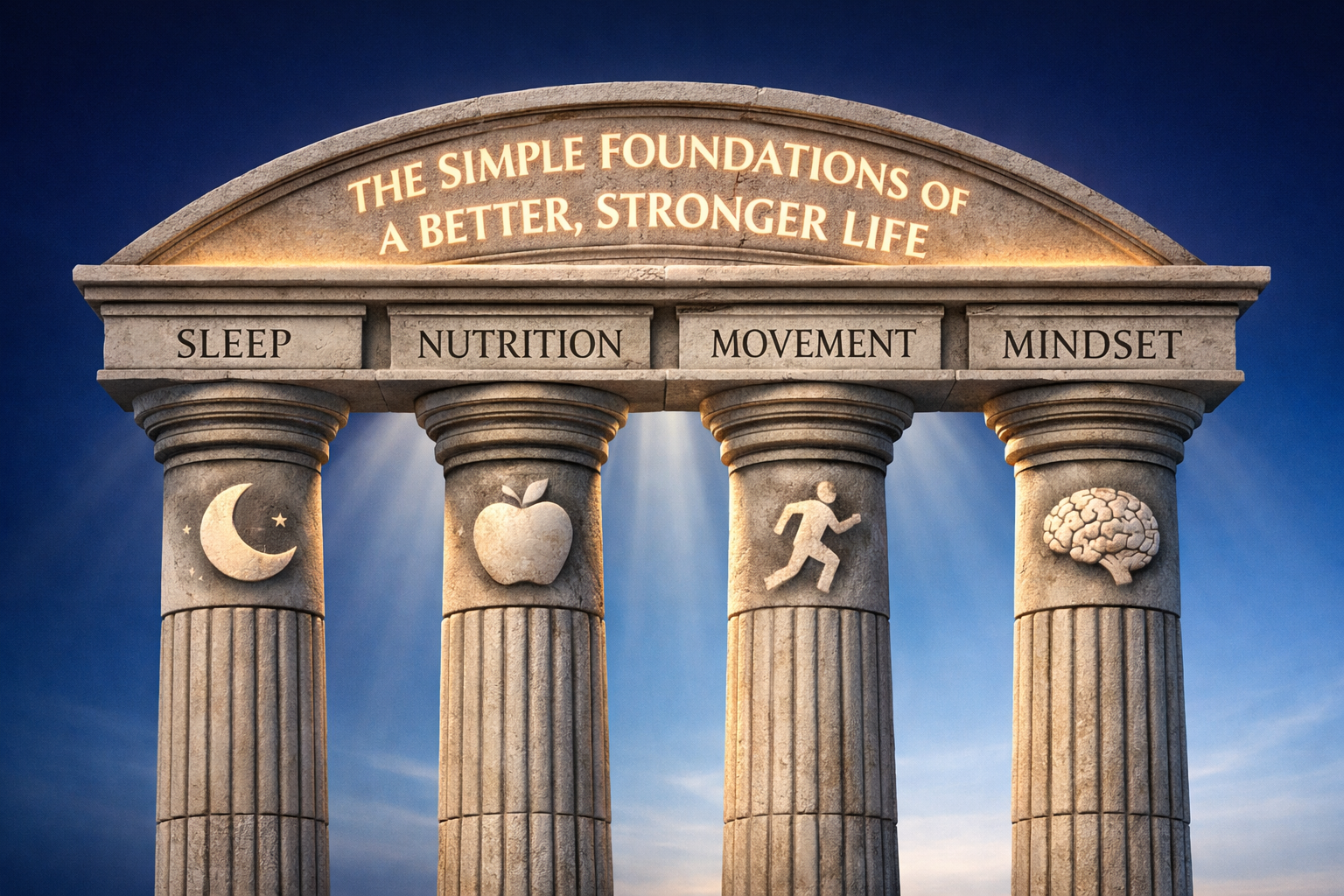 () editorial illustration showing four interconnected pillars labeled Sleep, Nutrition, Movement, and Mindset arranged as
