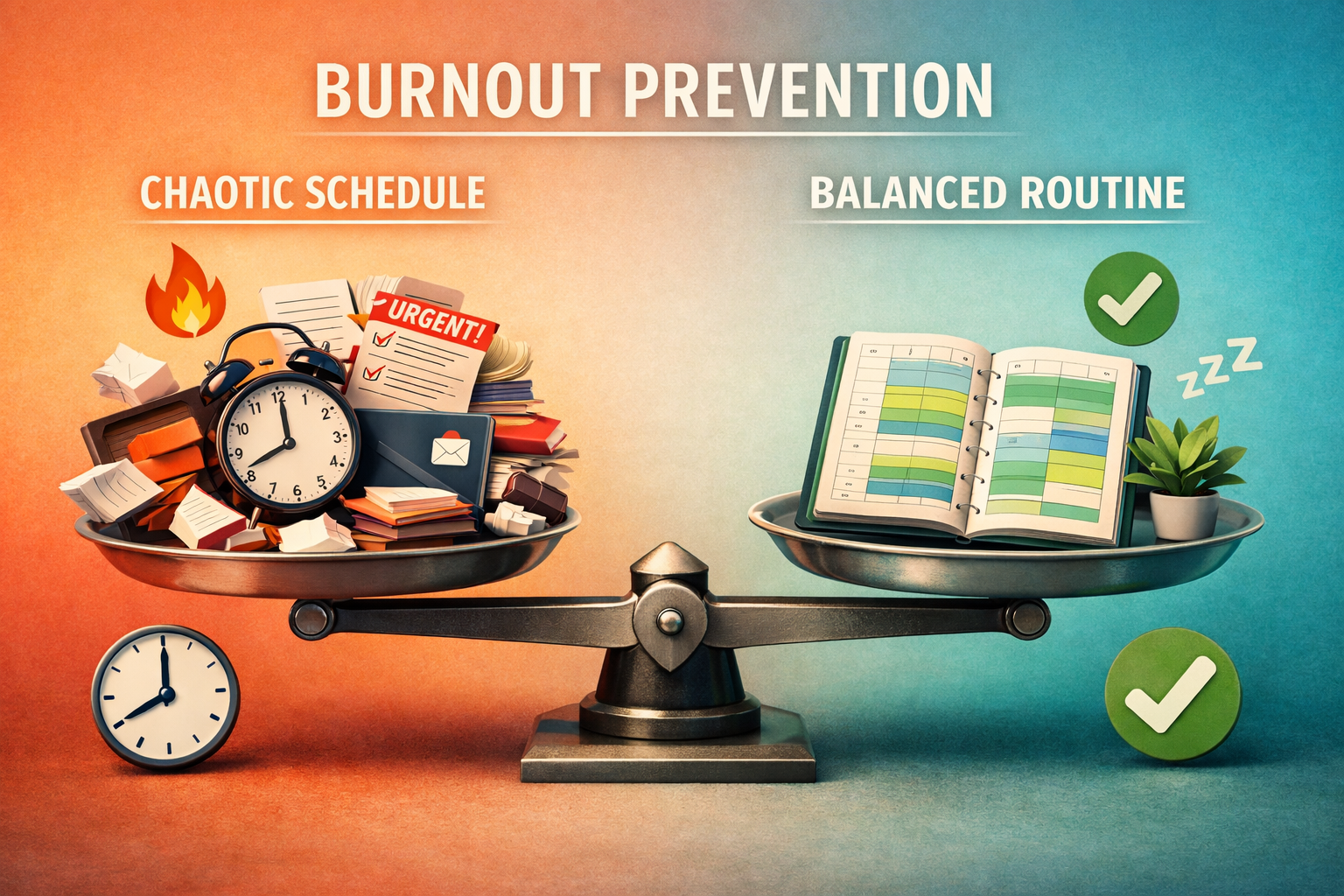 () editorial photo-illustration showing burnout prevention through balanced routines: a visual scale/balance beam centered