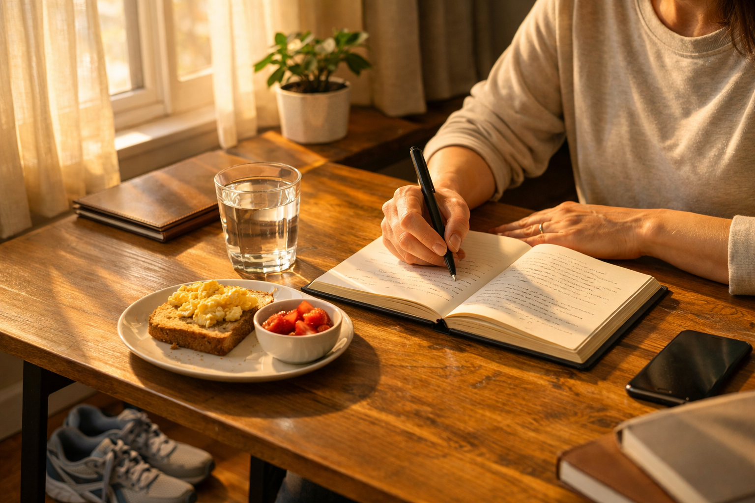 () editorial photo-realistic scene of a person at a wooden desk in warm morning light journaling in a notebook beside a