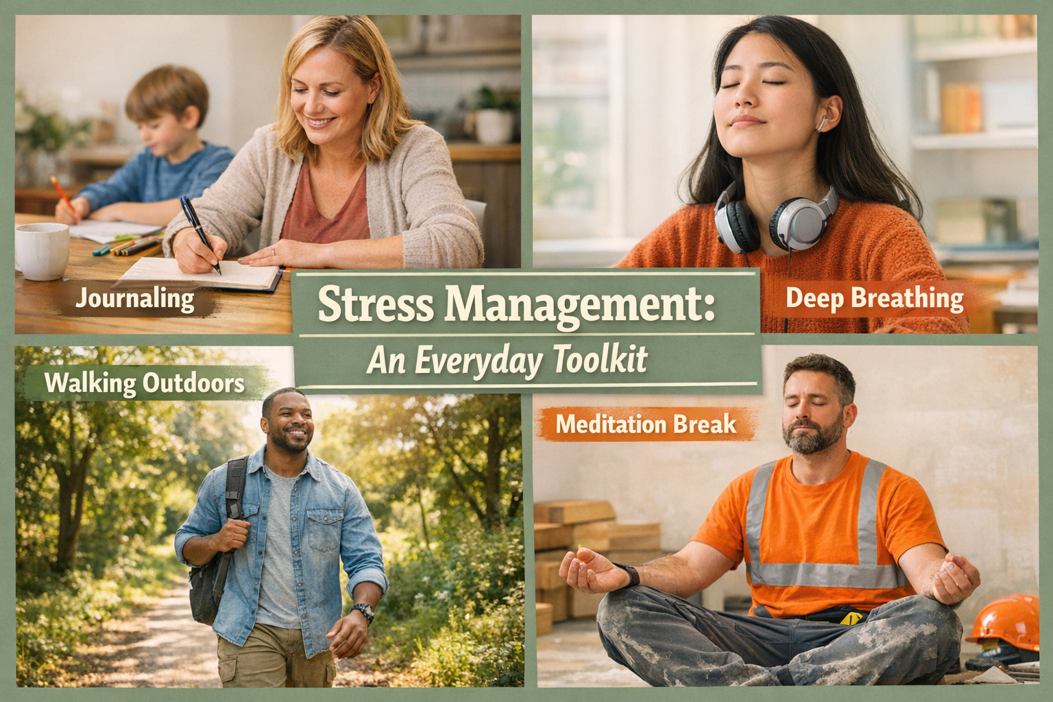 () showing a diverse group of everyday people — a parent, a student, an office worker, and a tradesperson — each practicing