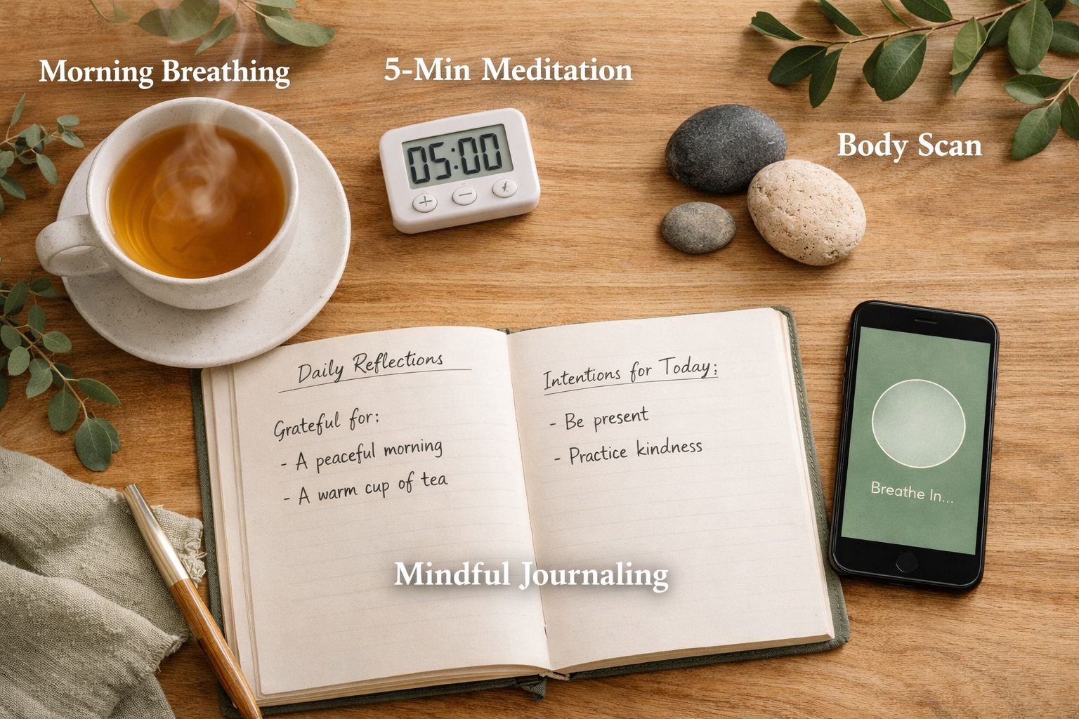 () showing a realistic overhead flat-lay scene of a daily mindfulness routine toolkit on a natural wood desk: a journal open